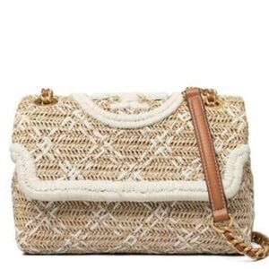 Tory Burch Woven Straw Fleming Chain Shoulder Bag Neutral Raffia